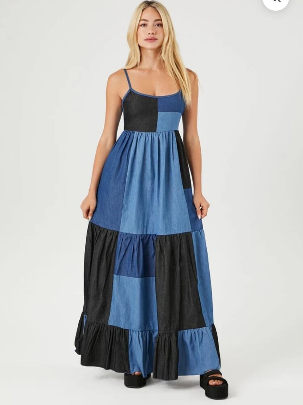 #21 Forever 21 Blue Patchwork Tiered Maxi Dress
